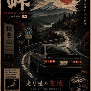 Könnte beinhalten: Ein Poster im Vintage-Stil mit einem dunkelgrauen Sportwagen auf einer kurvenreichen Bergstraße in der Abenddämmerung. Der Berg Fuji ist im Hintergrund unter einer großen roten Sonne zu sehen. Der Text enthält Touge Pass und Akina Pass.