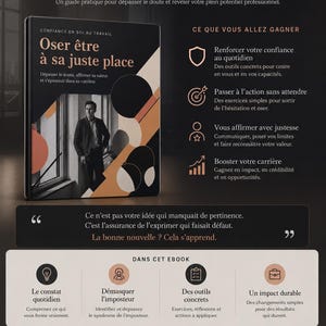 May include: An ebook titled Confiance en soi au travail featuring a black cover with a photo of a person in a suit, geometric shapes, and text. The layout includes sections detailing professional development tools, benefits, and chapter summaries.
