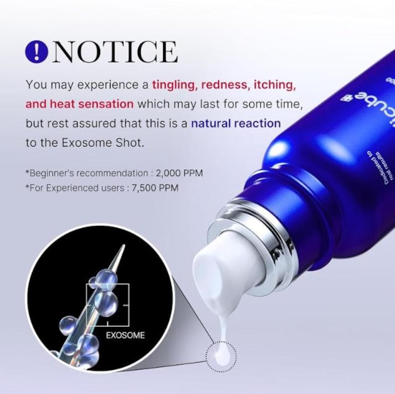 May include: A bright blue cosmetic bottle with a white pump dispenser releasing a drop of white cream. Text reads: NOTICE, You may experience a tingling, redness, itching, and heat sensation, Beginner's recommendation: 2,000 PPM, Experienced users: 7,500 PPM.