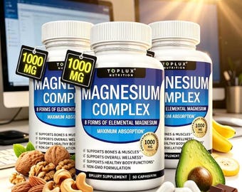 3 pcs Toplux Magnesium Complex | 8 Blend Magnesium Capsules, Sleep Support, Muscle Cramp Relief, Bone Heart Health, Stress Relaxation