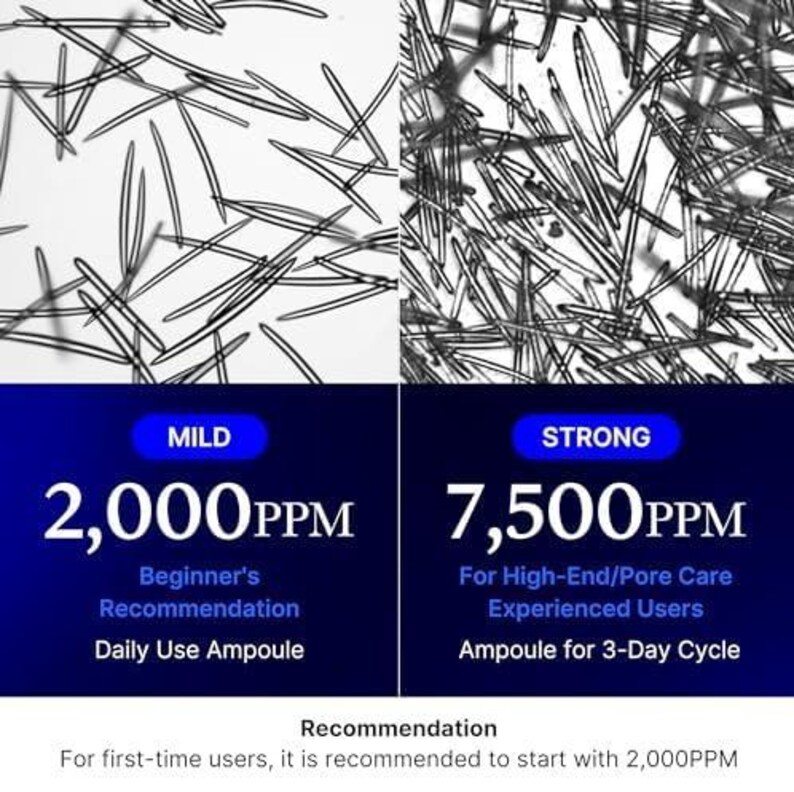 May include: A comparison chart showing two concentrations of needle-like structures. The left side displays 2,000PPM labelled MILD for daily use. The right side displays 7,500PPM labelled STRONG for a 3-day cycle. Text states to start with 2,000PPM.