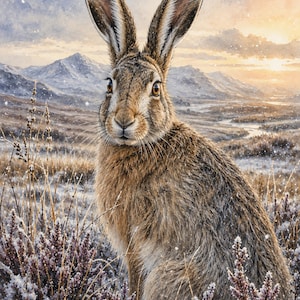 May include: A brown hare with long ears sits in a snowy field of purple heather. The background features a mountain range under a soft sunset sky with light snowfall. The hare has detailed fur texture and alert eyes, facing forward in the landscape.
