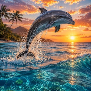 Op de afbeelding: Een grijze dolfijn die uit het oceaanwater springt en een plons maakt met zijn staart. De scène toont een levendige zonsonderganglucht met oranje en roze wolken, een tropische kustlijn met palmbomen en helderblauw water met koraalriffen.