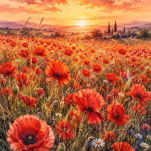 Könnte beinhalten: Ein Aquarellgemälde eines weiten Feldes voller leuchtend roter Mohnblumen und kleiner weißer und blauer Wildblumen unter einem goldenen Sonnenuntergangshimmel mit weichen Wolken, sanften Hügeln und Bäumen im Hintergrund.