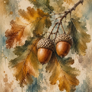 May include: A watercolor painting of two brown acorns with textured caps hanging from a thin branch. Several large, lobed oak leaves in shades of golden yellow, orange, and deep green surround the acorns. The background features a mottled wash.