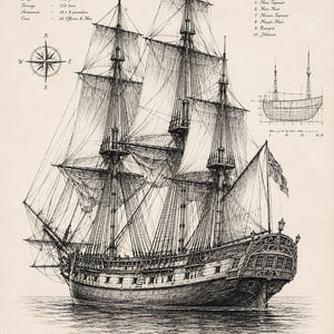 May include: A detailed black and white ink illustration of the H.M. Brigantine Endeavour. The print includes technical specifications, a rigging plan, a compass rose, and a hull diagram. Text details dimensions in feet, tonnage, and armament.