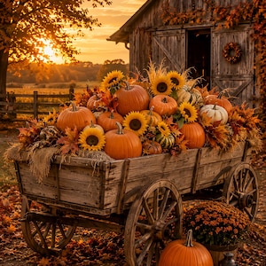 May include: A rustic wooden wagon filled with orange pumpkins, yellow sunflowers, and autumn leaves. The wagon sits on a ground covered in fallen leaves, with a large orange pumpkin and a white pumpkin placed near a lantern on the ground.