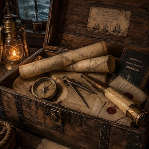 May include: A wooden chest containing rolled nautical maps, a brass compass, a metal divider, a brass telescope, and a book titled Bowditch American Practical Navigator. The lid features a label reading J. Hamilton, Ship Chandler & Importer, 102, Waterloo Dock, Liverpool.