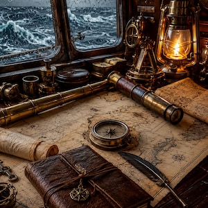 May include: A brass telescope, a round metal compass, and a leather-bound journal with a small compass charm rest on a vintage nautical map. A lit brass lantern, a black feather quill, and various navigation instruments sit nearby on a wooden desk.