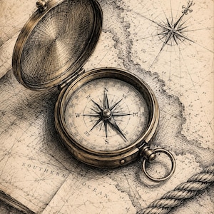 DESCARGA DIGITAL / Lámina imprimible de brújula de latón antiguo / Lámina de boceto náutico vintage / Decoración marítima para oficina / Arte mural de carta náutica