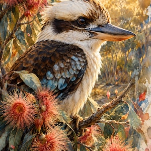 以下が含まれることがあります： 枝にとまるワライカワセミの水彩画風イラスト。鳥は茶色、白、青みがかった羽を持ち、目の周りに暗い縞模様があります。鮮やかな赤いユーカリの花と緑の葉に囲まれ、温かみのある黄金色の光の中に描かれています。