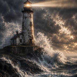 May include: A weathered white lighthouse with a glowing lantern room stands on a dark rocky cliff during a storm. Large ocean waves crash against the base of the structure under a dramatic, cloudy sky with rain falling in the distance.