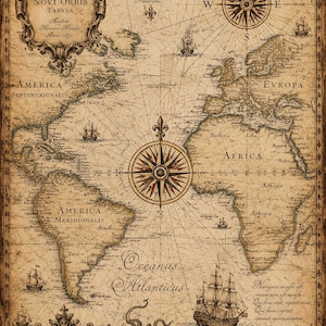 May include: A vintage-style world map print featuring the Atlantic Ocean, North and South America, Europe, and Africa. The map includes a central compass rose, decorative sailing ships, a sea monster, an octopus, and Latin text labels.