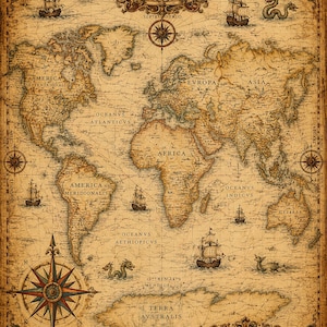 Peut inclure: Une carte du monde de style ancien intitulée Typus Orbis Terrarum avec des continents et des océans aux tons sépia, des navires à voile, des monstres marins et une rose des vents. La carte comporte des étiquettes pour les continents.
