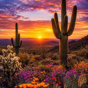 Op de afbeelding: Een woestijnlandschap met hoge saguaro-cactussen en schijfcactussen, omringd door levendige oranje klaprozen en paarse wilde bloemen onder een dramatische zonsonderganglucht met wolken in tinten van oranje, roze en dieppaars.
