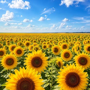 May include: A vast field of bright yellow sunflowers with dark brown centers under a vibrant blue sky filled with scattered white clouds. The tall green stalks and large leaves are visible in the foreground, extending toward the horizon.