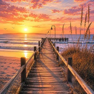 May include: A wooden pier extends over a sandy beach toward the ocean during a vibrant sunset. The sky is filled with orange and pink clouds, while tall grasses grow along the side of the walkway. Metal lamp posts line the path of the pier.