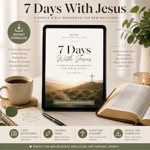 Pode incluir: Um tablet digital exibindo a capa de um caderno de exercícios intitulado 7 Days With Jesus, A Simple Bible Workbook For New Believers. A capa apresenta uma paisagem com uma cruz em uma colina. A tela exibe o texto, Grow closer to Jesus, one day at a time.