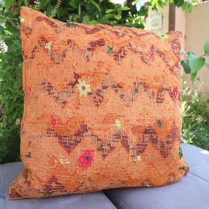 Vintage Kantha Cushion Cover 18x18, Burnt Orange Boho Cotton Pillow, Handmade Indian Decor