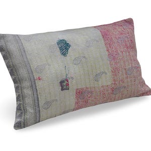 Handmade Kantha Lumbar Pillow Cover, Pink Gray Boho Vintage Decor (14x22)