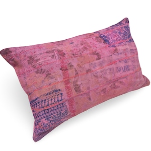 Pink Kantha Pillow Cover 14x22, Vintage Boho Lumbar Cushion, Handmade Cotton Patchwork, Rustic Farmhouse Decor