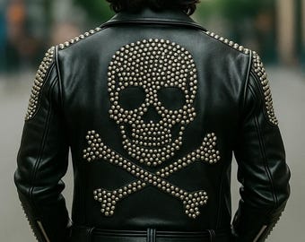 Herrbikerjacka i läder med nitar | Skull & Bones punkrock-motorcykeljacka