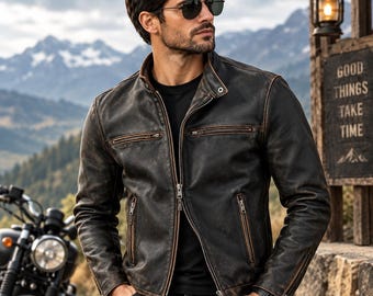Svart sliten läderjacka för män, vintage ytterkläder i bikerstil