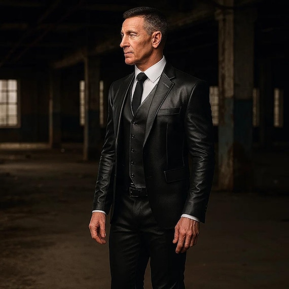 Men's Genuine Leather 3-Piece Suit | Blazer, Vest, Pants Set | Formal Wedding Outfit