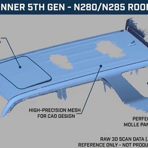 Könnte beinhalten: Ein blauer 3D-Digitalscan eines Toyota 4Runner 5th Gen N280/N285 Daches. Das Bild enthält Textbeschriftungen: TOYOTA 4RUNNER 5TH GEN - N280/N285 ROOF SCAN DATA, SUNROOF CLEARANCE DATA, HIGH-PRECISION MESH FOR CAD DESIGN und MOLLE PANEL DESIGN.