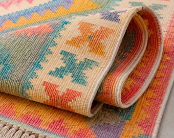 Handgewebter Pastell Kelim Teppich, Bunter Geometrischer Teppich Flachgewebe aus dem Suedwestern