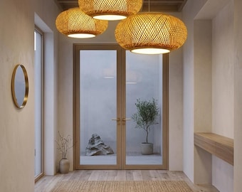 Handmade Bamboo Woven Pendant Light, 40cm Chandelier, Minimalist Zen Lamp Fixture