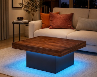Mesa de centro cuadrada hecha a mano / Madera rústica, base negra, iluminación RGB