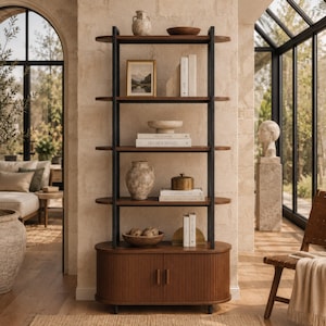 Curved Walnut Finish Bookshelf with Storage Cabinet, 4-Tier Modern Bookcase