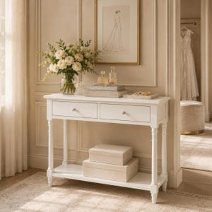 May include: A white wooden console table with two drawers and a lower shelf. On top sits a glass vase with white flowers, two glass perfume bottles, a stack of books, and a small tray. Two rectangular beige boxes are placed on the lower shelf.
