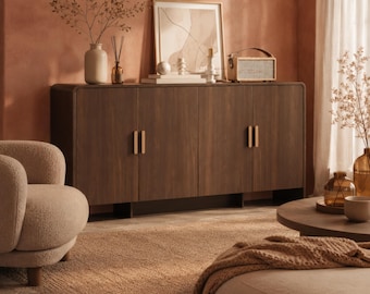 Curved Walnut Sideboard Buffet Cabinet, Modern Farmhouse Coffee Bar Credenza