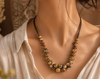 Handmade Ceramic Bead Statement Necklace, Earthy Brown Green Tones, Adjustable Boho Jewelry