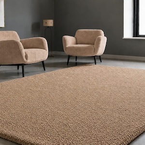 May include: A large, rectangular area rug with a thick, textured, tan-coloured pile. The rug features a dense, looped surface construction that covers the floor, providing a uniform, solid-coloured appearance across its entire visible surface area.