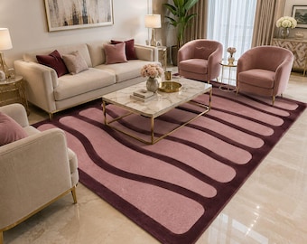 Hand Tufted Wool Area Rug, Pink Burgundy Abstract Curved Design, Plush Living Room Carpet