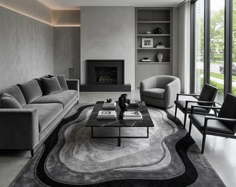 Hand Tufted Wool Abstract Rug, Modern Gray Black Area Carpet, Contemporary Living Room Decor