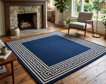 Navy Blue Greek Key Border Rug | Abstract Wave Area Carpet