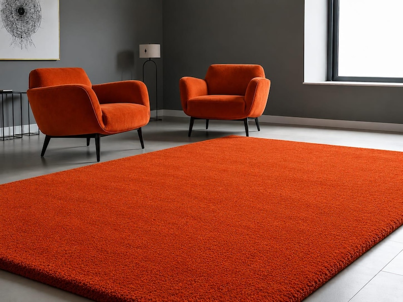 May include: A rectangular, solid burnt orange area rug with a dense, plush, shaggy texture. The rug features a uniform, deep orange colour throughout its entire surface, providing a soft and thick pile appearance that covers the floor space.