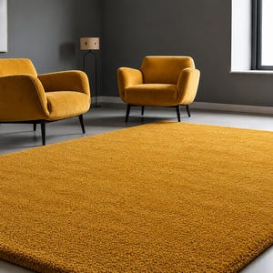 May include: A large, rectangular, mustard yellow area rug with a thick, plush, shaggy texture. The rug covers the floor in the foreground, featuring a dense pile construction that creates a soft, uniform appearance across its entire surface.