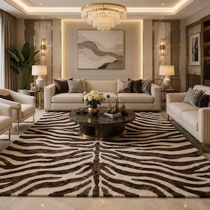 Op de afbeelding: Een groot rechthoekig vloerkleed met een bruin en crème zebrapatroon. Het kleed ligt in een woonkamer met twee crèmekleurige banken, twee bijpassende fauteuils, een donkere ronde salontafel en een kristallen kroonluchter.