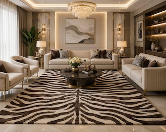Hand Tufted Zebra Rug, Brown Ivory Modern Safari Carpet, WildLoom Designer Living Room Rug