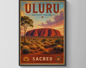 May include: A framed poster featuring a landscape of Uluru in the Northern Territory. The artwork displays the red rock formation under a sunset sky, a lone tree, and text reading ULURU NORTHERN TERRITORY, SPIRITUAL SACRED AUSTRALIAN.