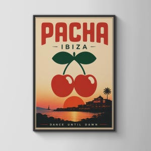 Pacha Ibiza-poster, retro klubbväggkonst, körsbärslogotyp, solnedgångsdanstryck