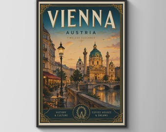 Könnte beinhalten: Ein gerahmtes Reiseplakat von Wien, Österreich, mit der Karlskirche, einem Kanal und einer Straßenlaterne. Der Text lautet VIENNA AUSTRIA TIMELESS ELEGANCE, HISTORY & CULTURE und COFFEE HOUSES & DREAMS. Die Farbpalette umfasst Gold, Blau und Orange.