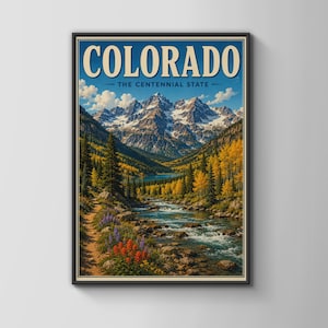 Colorado Retro Travel Poster, Rocky Mountains Wall Art, Centennial State Print