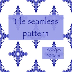 May include: A seamless pattern featuring repeating blue and white diamond-shaped ornamental motifs on a white background. The image includes the text Tile seamless pattern and 3000px 300dpi overlaid on light blue rectangular boxes.