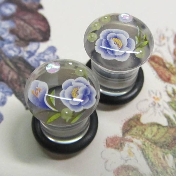 Unique Purple Peony Plugs with Pearls Handmade Gauges Flower Plugs for Girls